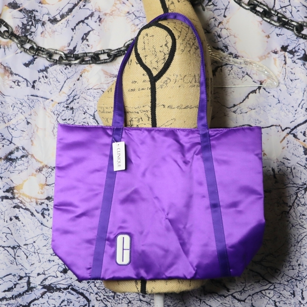 PURPLE TOTE BAG Clinique Satin Shopper Shoulder Travel Vacation Casual Packable